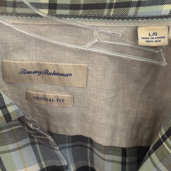 Tommy Bahama Plaid Silk Shirt Mens Large Light Green Blue Classic Preppy Camp - Picture 4 of 6